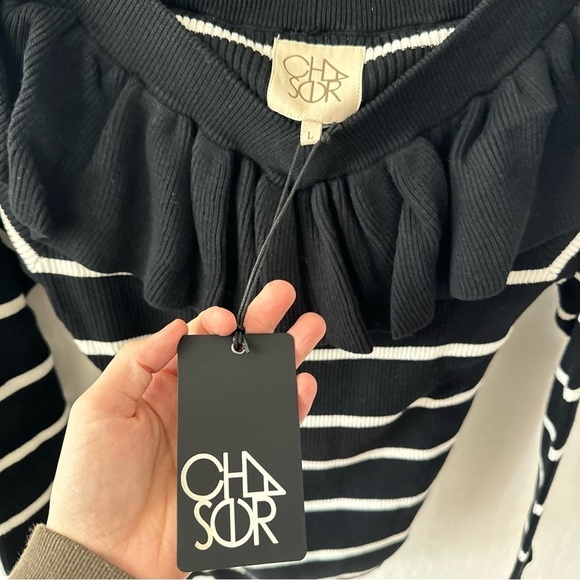 Black Chaser Stripe Ruffle Knit Sweater On or Off Shoulder Size Large - Picture 4 of 5